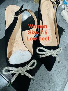 Black Pointed Slingback Heels with Crystal Bow